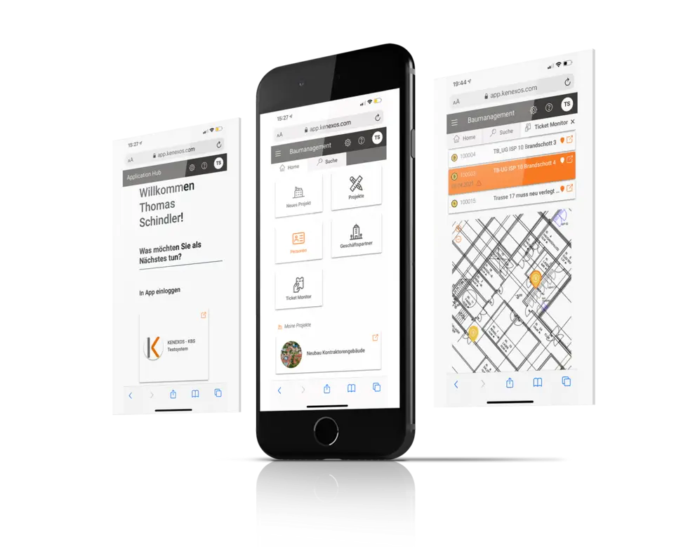KENEXOS® App auf drei Smartphones – Application Hub, Baumanagement und Ticket Monitor